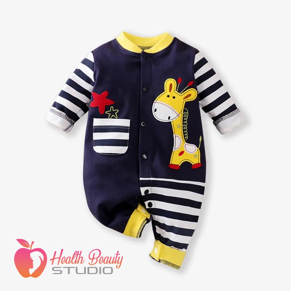 Giraffe Style Print Hoodie Long-sleeve Baby Jumpsuit Blue